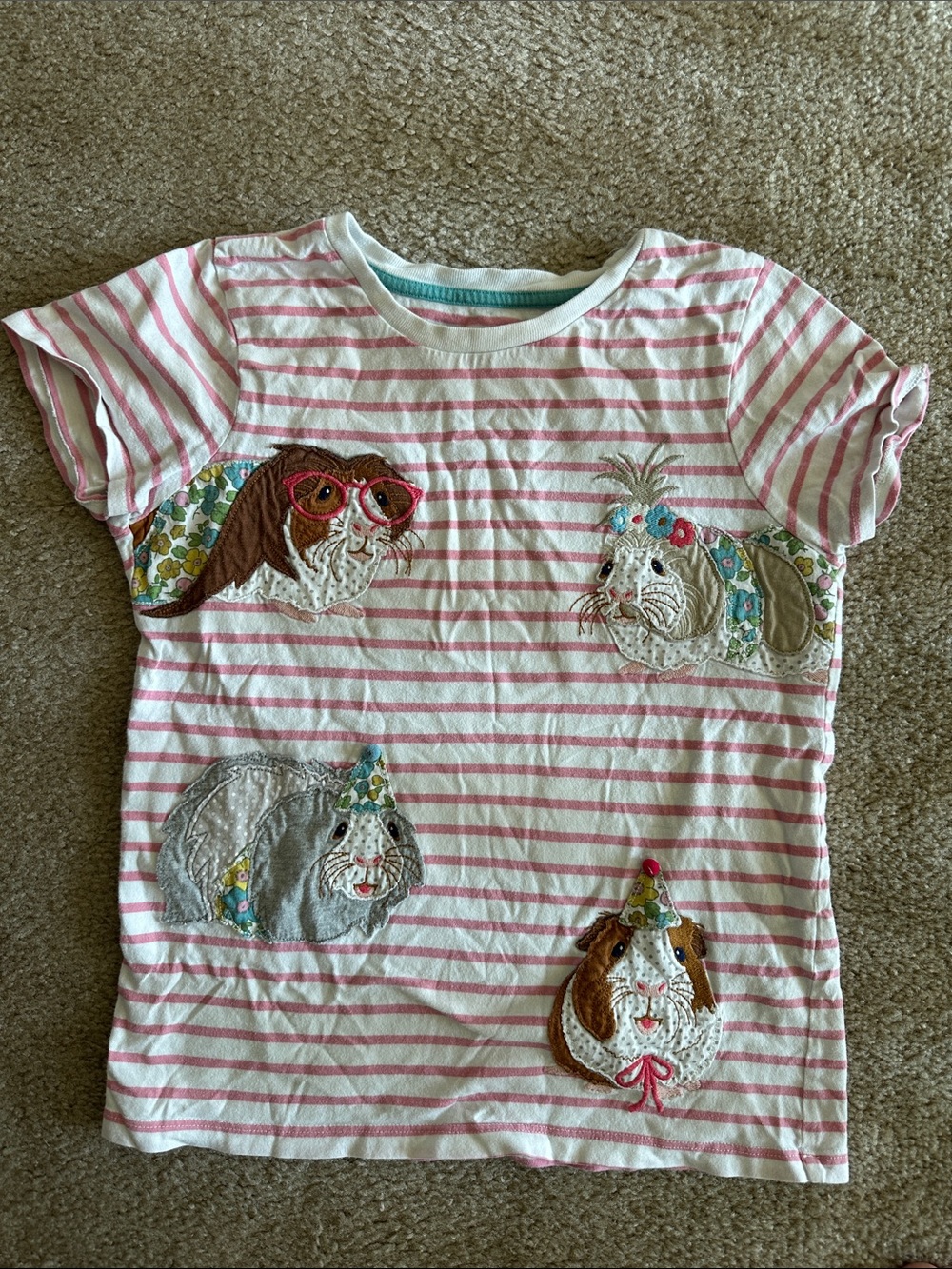 Mini Boden Pink & White Striped Tee with Guinea Pig Appliqués